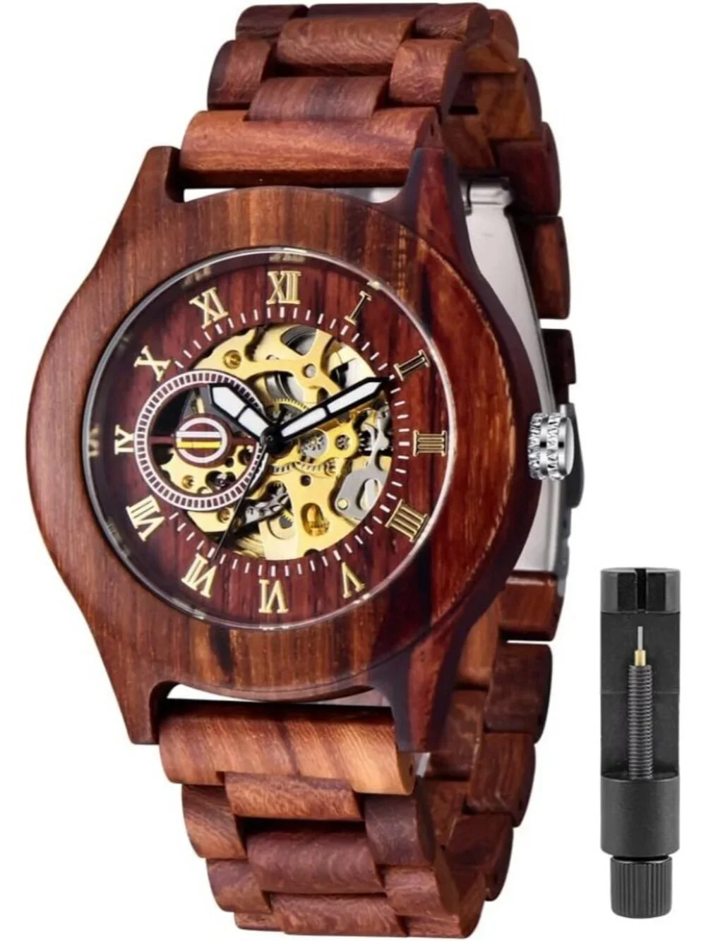 Men's All Red Analog Quartz No Battery Fashion Mechanical Movement Wooden Watch